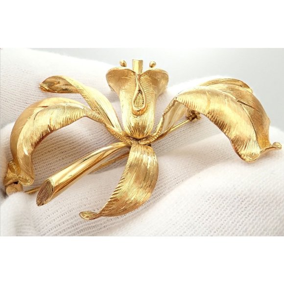 Vintage Tiffany & Co 18k Yellow Gold Large Orchid Calla Lily Pin Brooch 1950s - Picture 9 of 12